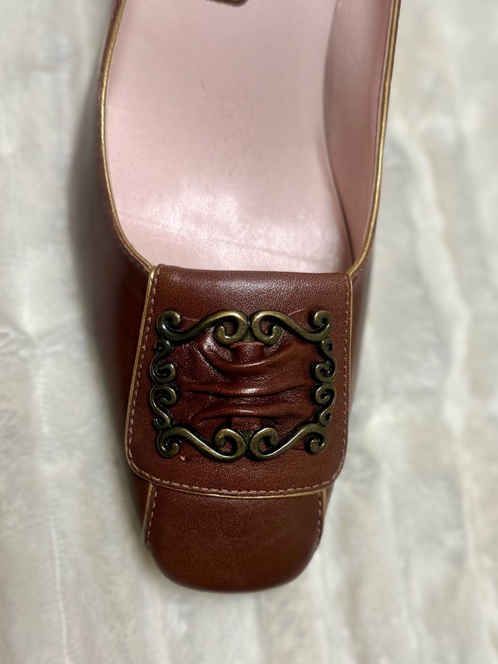 Unisa Brown Leather Loafer with Ornate Brass-Tone Buckle